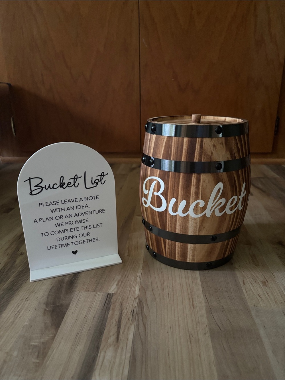 Wooden 'Bucket List’ Barrel - Brown Rustic, Bucket List sign & cards